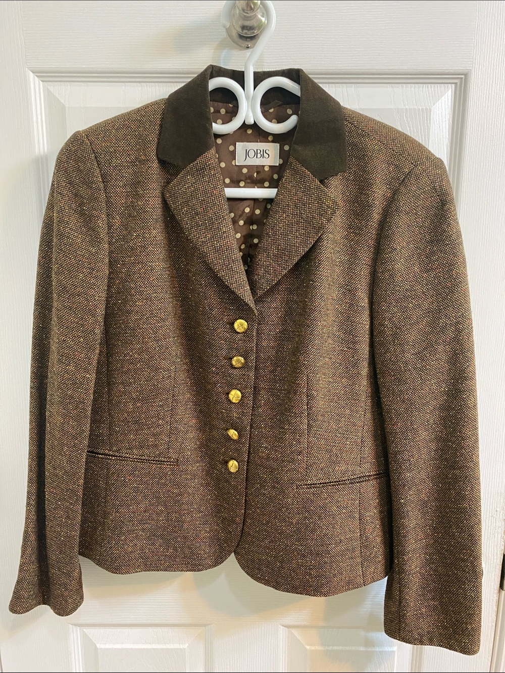 Vintage Wool Silk Jobis Brown Tweed Blazer Gold Buttons Women’s Size Large EU 40